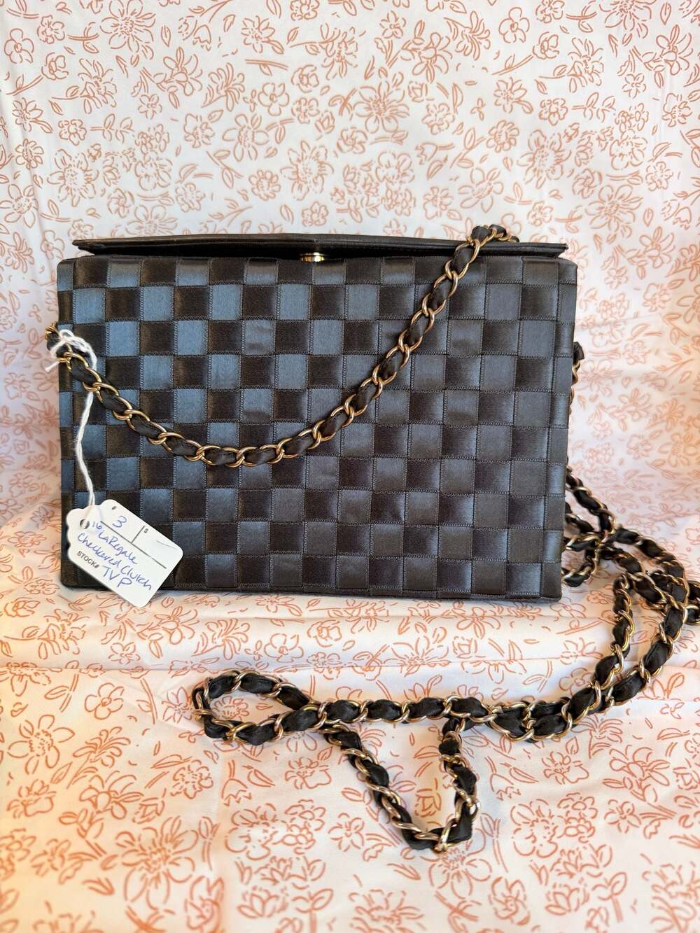 La Regale Ltd. Black Woven Checkered Satin Clutch with Chain Strap